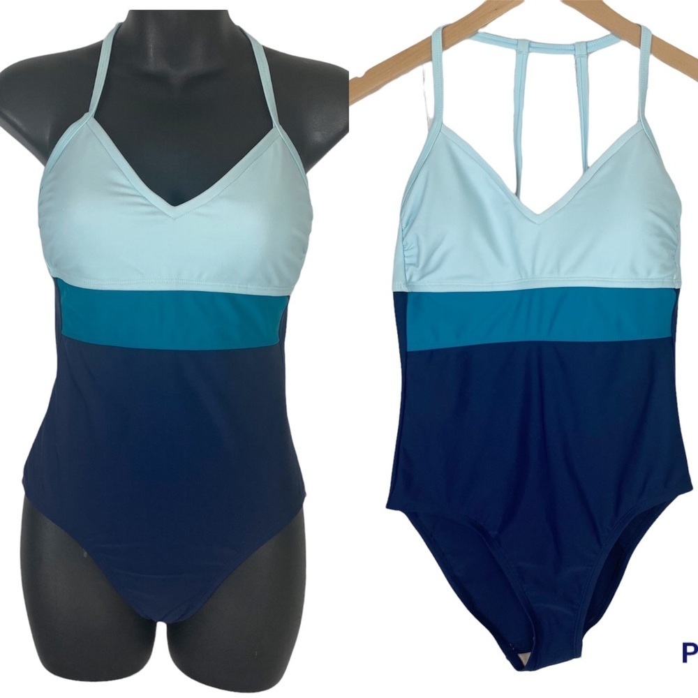 KONA SOL Blue Colorblock Open Back One Piece Swimsuit NWT Small